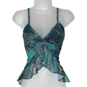 New S Teal Paisley Mesh Ruffle Peplum Camisole Top Y2k Blouse Tank V Neck